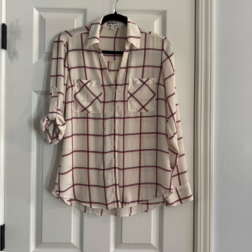 Express Cream Windowpane Plaid Button-Front Shirt